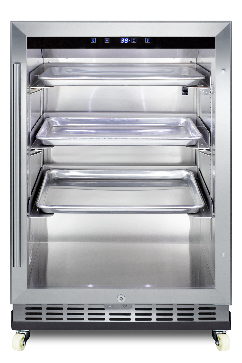 Outdoor mini reach-in commercial glass door beverage center designed for the display and refrigeration of beverages and sealed food, with a stainless steel interior and exterior cabinet, sheet pans and adjustable tray supports, chrome shelves, front lock, and removable dolly